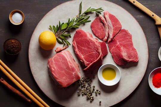 Fresh Raw Pork Shoulder With Ingredients And Spices On Kitchen Background. Meat. Top View. Rustic Style. Generative AI