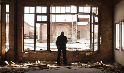 Fototapeta premium backview of an old man in an abandoned American skyscraper wih giant windows in the background - AI Generative