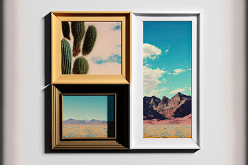 fake photo frame with a collage of four images. decor for a home, workplace, studio, or gallery. Generative AI