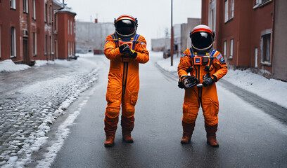 two astronauts in orange suits standing on a snowy street - ai generative