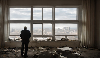 Fototapeta premium backview of an old man in an abandoned American appartment with giant windows in the background - AI Generative