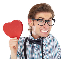 Portrait of man, excited and holding heart emoji for love, romance and valentines day isolated on white background. Smile, happy geek and valentine shape surprise with glasses and bow tie in studio.