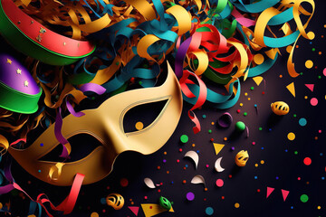 Garlands, streamers, party hats, confetti, and masks decorate the background of this colorful carnival image. Generative AI