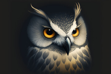 An owl with white faces against a dark background. Generative AI