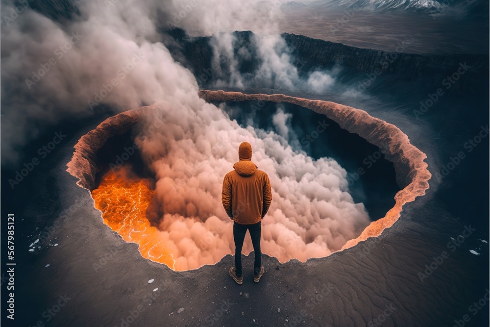 Fototapete a man standing in front of a lava lake with a volcano in the background and a lava pool in the middl