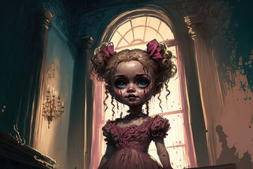 Fototapeta na wymiar Use digital paint blurring methods to create a baby doll artwork with a frightening mansion. Generative AI