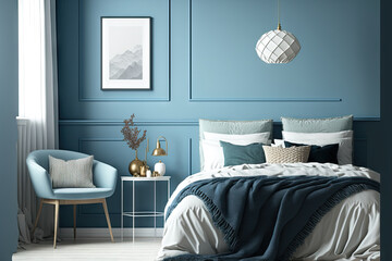 interior of a cozy bedroom with blue walls. Nordic inspired bedroom. Trendy hue. Generative AI