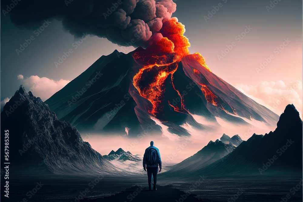 Fototapete a man standing in front of a volcano with lava pouring out of it's top and a red lava pouring out of