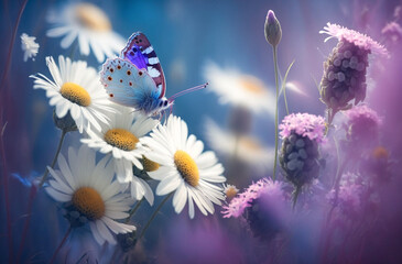 Beautiful wild flowers and butterfly in morning in nature close-up. Cool blue tones. Generative AI.