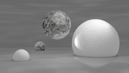 3d render, black and white cosmic desert background. Floating and lying white and crystal spheres. Abstract round shapes scene. Geometric object composition. Futuristic landscape wallpaper.