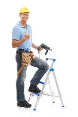 Thumbs up, portrait and repairman in a studio with a drill, tool belt and ladder for maintenance. Happy, smile and male industry worker or handyman with tools for repairs isolated by white background