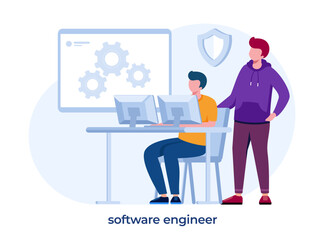 Software engineer concept. Idea of programming and coding, system development. Digital technology. Software developing company writing code. Isolated vector illustration