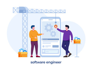 Software engineer concept. Idea of programming and coding, system development. Digital technology. Software developing company writing code. Isolated vector illustration