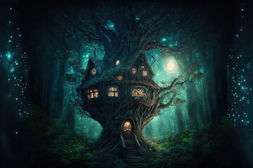 Nighttime forest setting in a tree house from a fantasy fairy tale. Generative AI