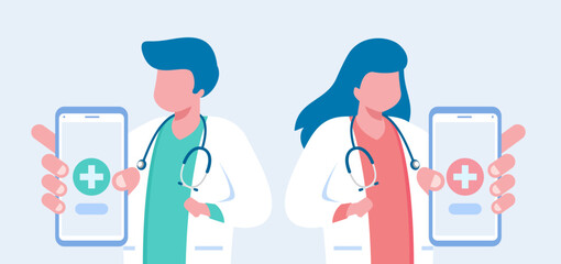 Young professional doctors. Vector illustration of doctors with medical background. Flat vector banner template