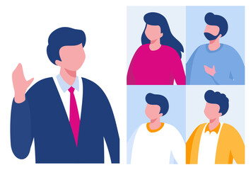 Online meeting concept. People on computer screen taking with colleague. Videoconferencing and online meeting workspace vector page