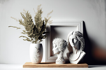 plaster sculptures of plants on a wooden stand. Modern and stylish furnishings. Generative AI