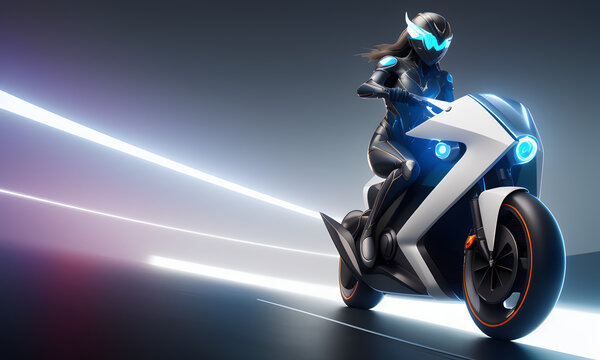 3d render of a girl riding a motorcycle on gray black background with neon light lines