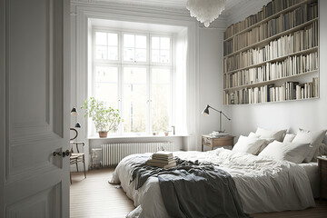 Scandinavian apartment with neutral color scheme and books on antique white table by bed. Generative AI