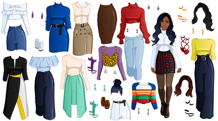 City Break Paper Doll with Beautiful Woman, Outfits, Hairstyles and Accessories. Vector Illustration