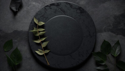 Black plate on dark stone table top view