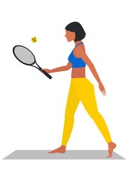 Obraz na płótnie Canvas A nice woman holds a racket in her hand and plays tennis. Physical health and active lifestyle. The girl goes in for sports on a white vertical background. Vector.