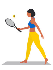 Obraz na płótnie Canvas A nice woman holds a racket in her hand and plays tennis. Physical health and active lifestyle. The girl goes in for sports on a white vertical background. 