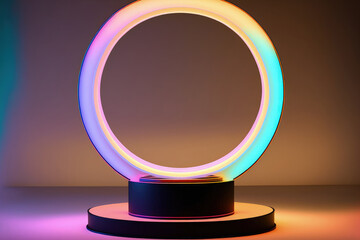 pedestal for displays with a neon circle backdrop. Generative AI