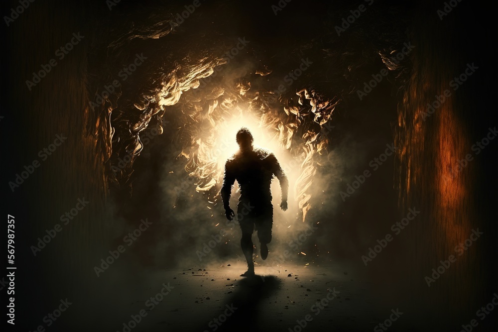Fototapete a man walking through a tunnel of smoke and light in a dark room with a light coming from the end co