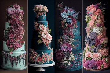 multi-tiered wedding cake decorated with colored flowers, marriage party event dessert Generative AI Art	