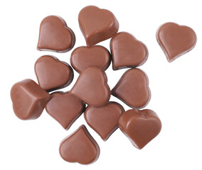 Chocolate candies, hearts, white background