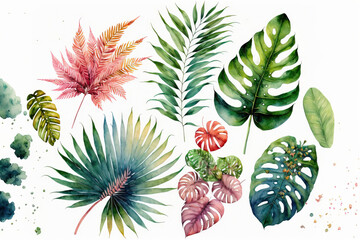 tropical foliage Illustration in watercolor on white. Generative AI