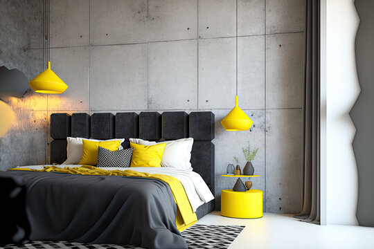 Innovative bedroom with concrete walls, black and white furnishings, and a yellow lamp over the king size bed. Generative AI