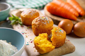 Carrot and honey muffin made in a pastry shop.