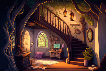 Interior of a cottage from a fairy tale. Backdrop of kids. concept painting Illustration that is realistic. Digital CG art from video games. House Construction Scenery. Generative AI © The 2R Artificiality