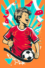 Boy kicking soccer ball soccer and banner for football academy concept, Generative AI.
