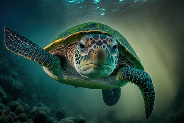 Green sea turtle, Chelonia mydas, in close up in its underwater environment. Stunning unique animal from the tropics. superior photograph. Generative AI - obrazy, fototapety, plakaty