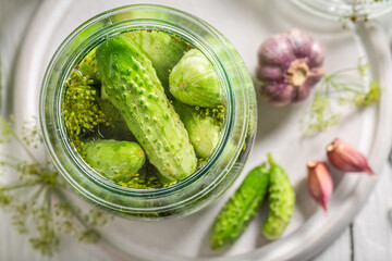 Homemade pickled cucumber made of green vegetables and dill.