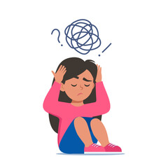 Sad girl sitting on floor surrounded by stream of anxious thoughts. Autism, child stress, mental disorder, anxiety, depression, stress, headache. Vector illustration.