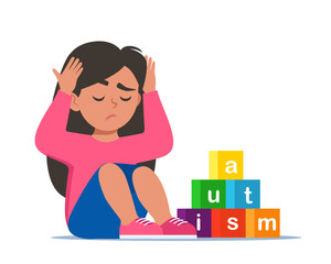 Autism concept. Girl feeling lonely. Sad boy sitting on floor surrounded by cubes toys with word autism. Child plugged ears with hands. Vector illustration.