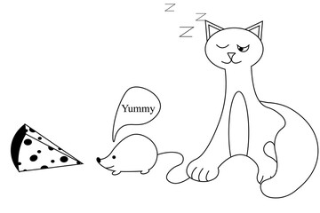 Line art picture with doodle cat, mouse and slice of cheese on white background with editable stroke. Outline pet. A sleeping kitty holds a mouse by the tail with its paw.