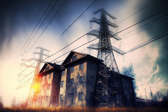 Electricity Meter And High Voltage Tower With Transmission Power Wires Exposed Twice. Generative AI