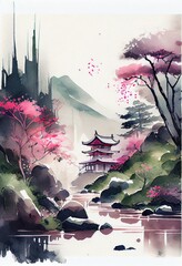 Japanese landscape in watercolor with a fairy garden feel and a muted color palette. AI generated art illustration.	

