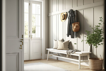 Scandinavian hallway in white and beige tones. Wooden bench and coat rack. Glass, wallpaper and entrance door, farmhouse interior design, 3d illustration. Generative AI - obrazy, fototapety, plakaty