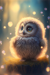 Cute owl in the forest with magical glowing lights generative ai