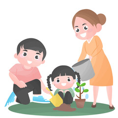 Man, woman, girl planting trees, Cartoon illustration with father, mother and daughter plant tree in their garden, Happy family planting outdoors.