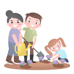 Man, woman, girl planting trees, Cartoon illustration with father, mother and daughter plant tree in their garden, Happy family planting outdoors.