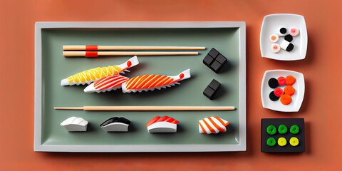 Soft pop 3D clay, delicious sushi on a colorful minimal cutlery arrangement in cartoon style. For food lovers and sushi enthusiasts. Vibrant colors, ppetizing scene. With copy space. Generative AI.
