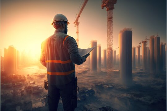 A Man In A Hard Hat And Safety Vest Looking At A Construction Site At Sunset With A Crane In The Background A Digital Rendering Travel And Commerce Cinematic Matte Painting