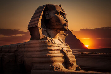 Sunset at the pyramids of Giza in Egypt with the Sphinx. Ai generated art - obrazy, fototapety, plakaty